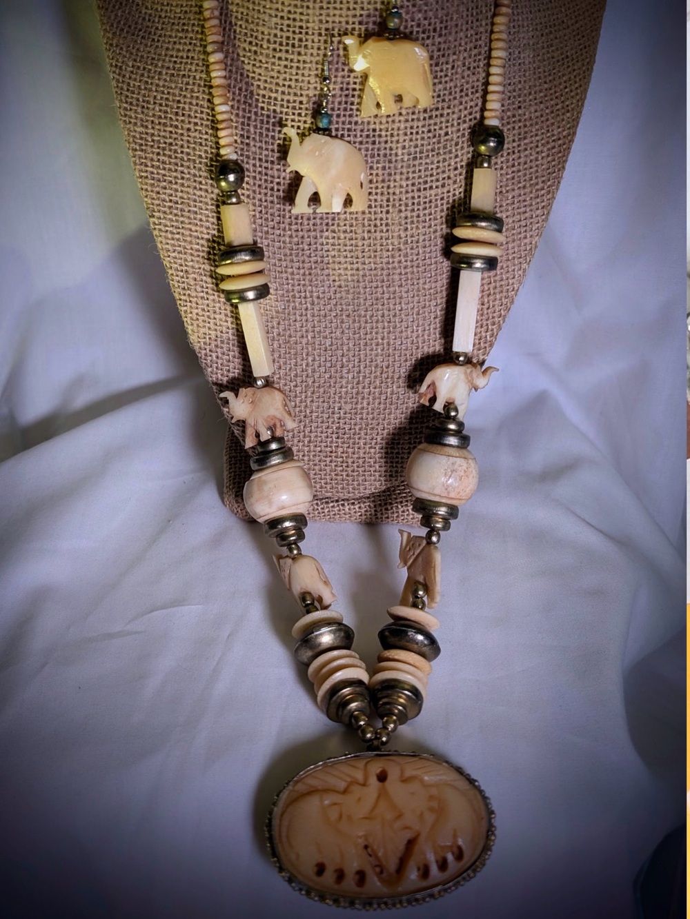 VTG 70s Handcarved 28” Bone Elephant Pendant statement Necklace/earring Set